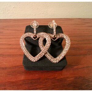 Soft Pink Rhinestone Heart Earrings Silver Tone Post Dangle Drop Large 2.25"